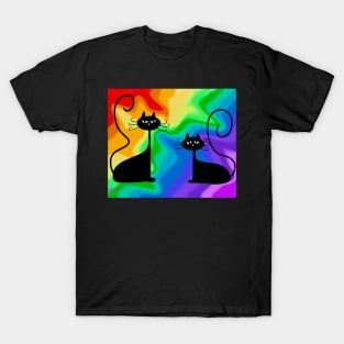 Two Cosmic Cats on Rainbow Background T-Shirt